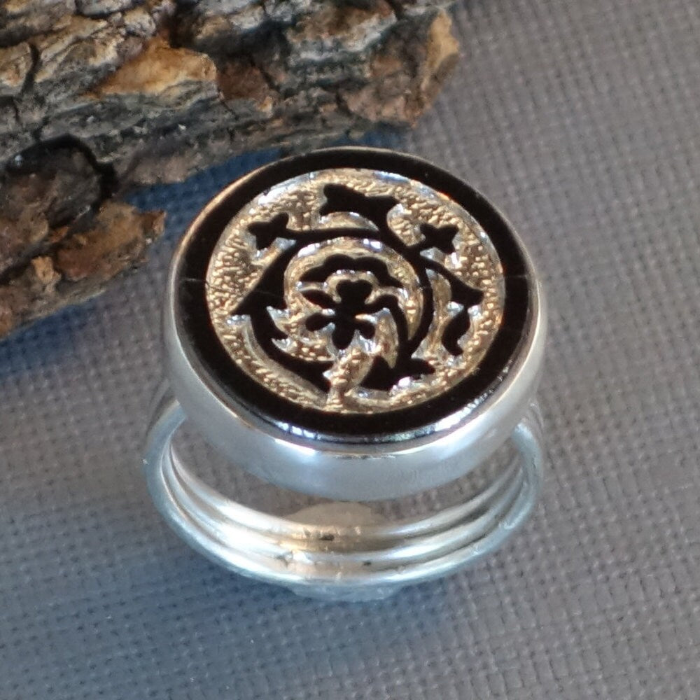 Button Ring, Antique Glass Button Ring, Silver Ring, Black Statement Ring, size 6.5