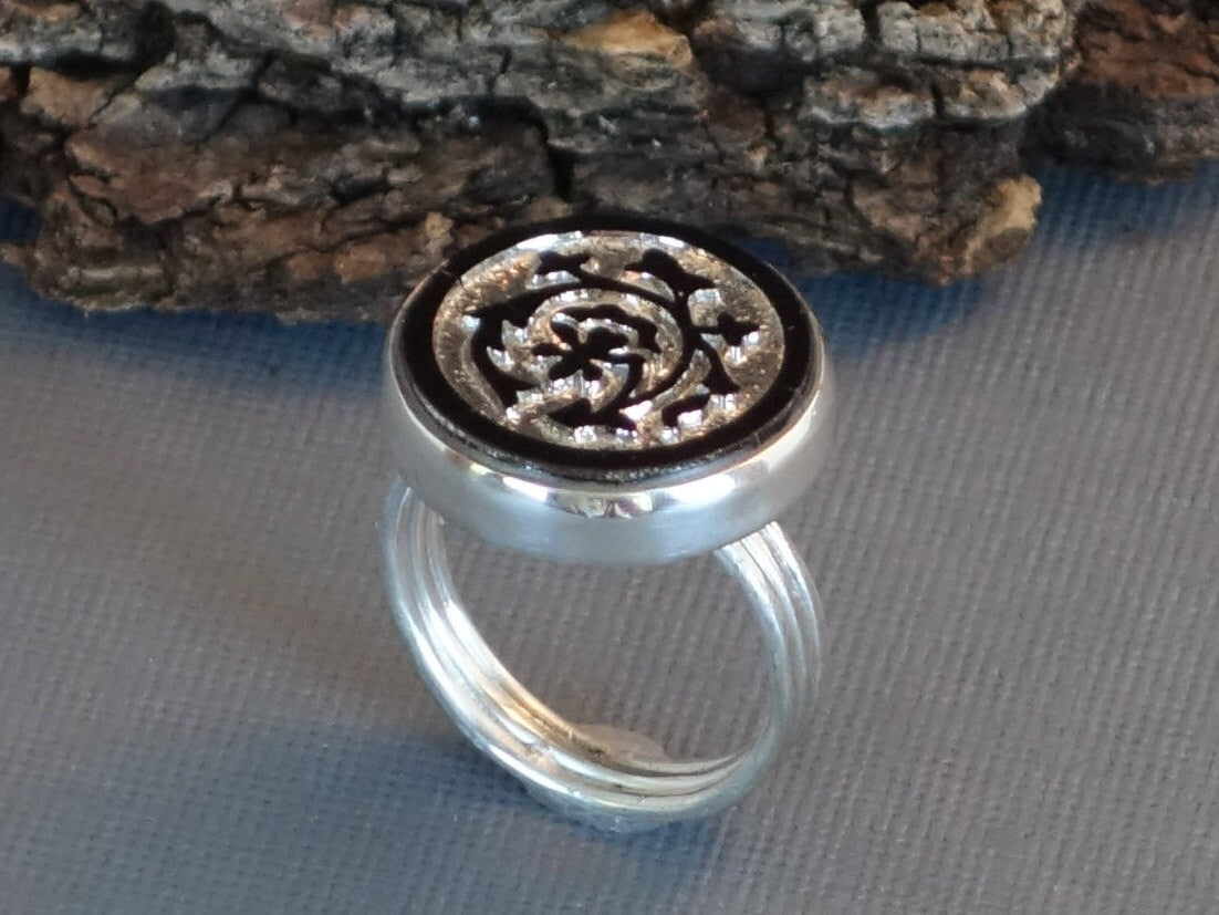 Button Ring, Antique Glass Button Ring, Silver Ring, Black Statement Ring, size 6.5