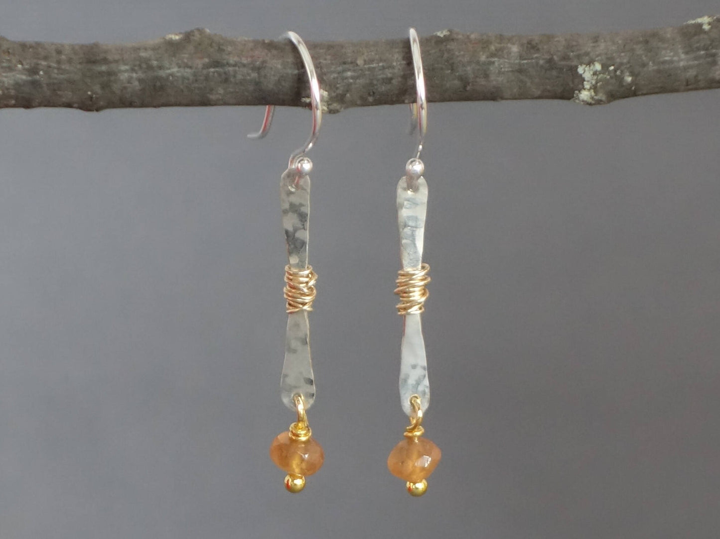 Silver and Gold Earrings, Garnet dangle earrings, Two Toned Garnet Earrings, Hessonite Garnet Earrings, Stick Earrings