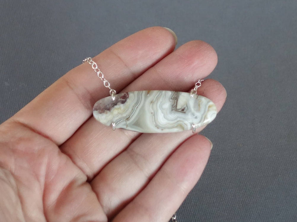 Agate Pendant, Natural Stone Pendant, Large Pendant, Agate Necklace, Oval Pendant, Prong set, Everyday Necklace