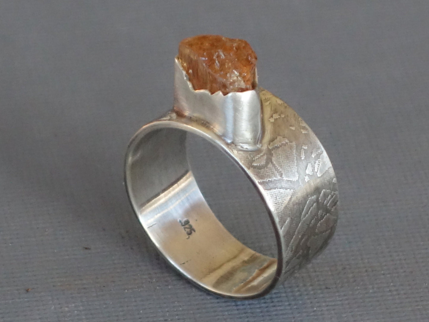 Raw Gemstone ring, Raw Imperial Topaz ring, Un Cut Gemstone, Textured band, Tapered Band,