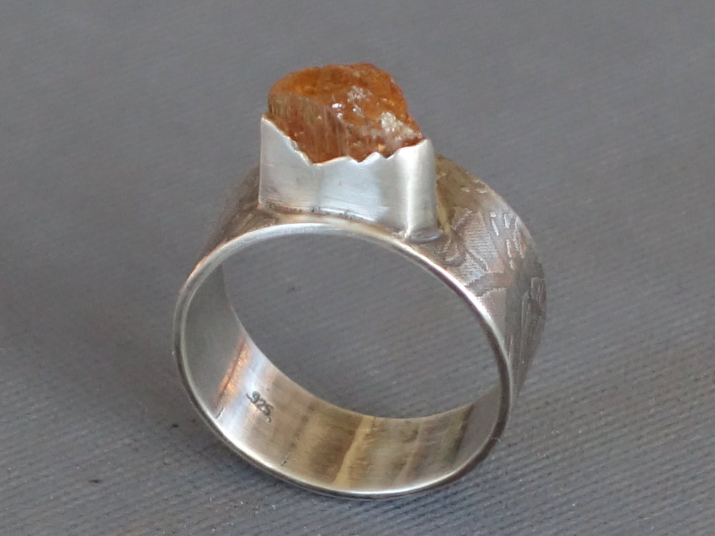 Raw Gemstone ring, Raw Imperial Topaz ring, Un Cut Gemstone, Textured band, Tapered Band,