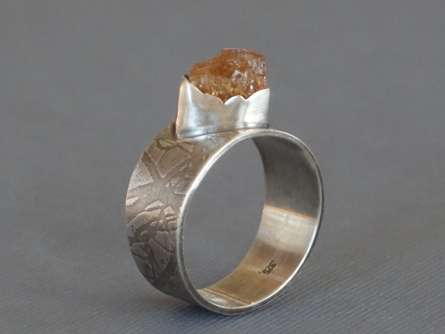 Raw Gemstone ring, Raw Imperial Topaz ring, Un Cut Gemstone, Textured band, Tapered Band,