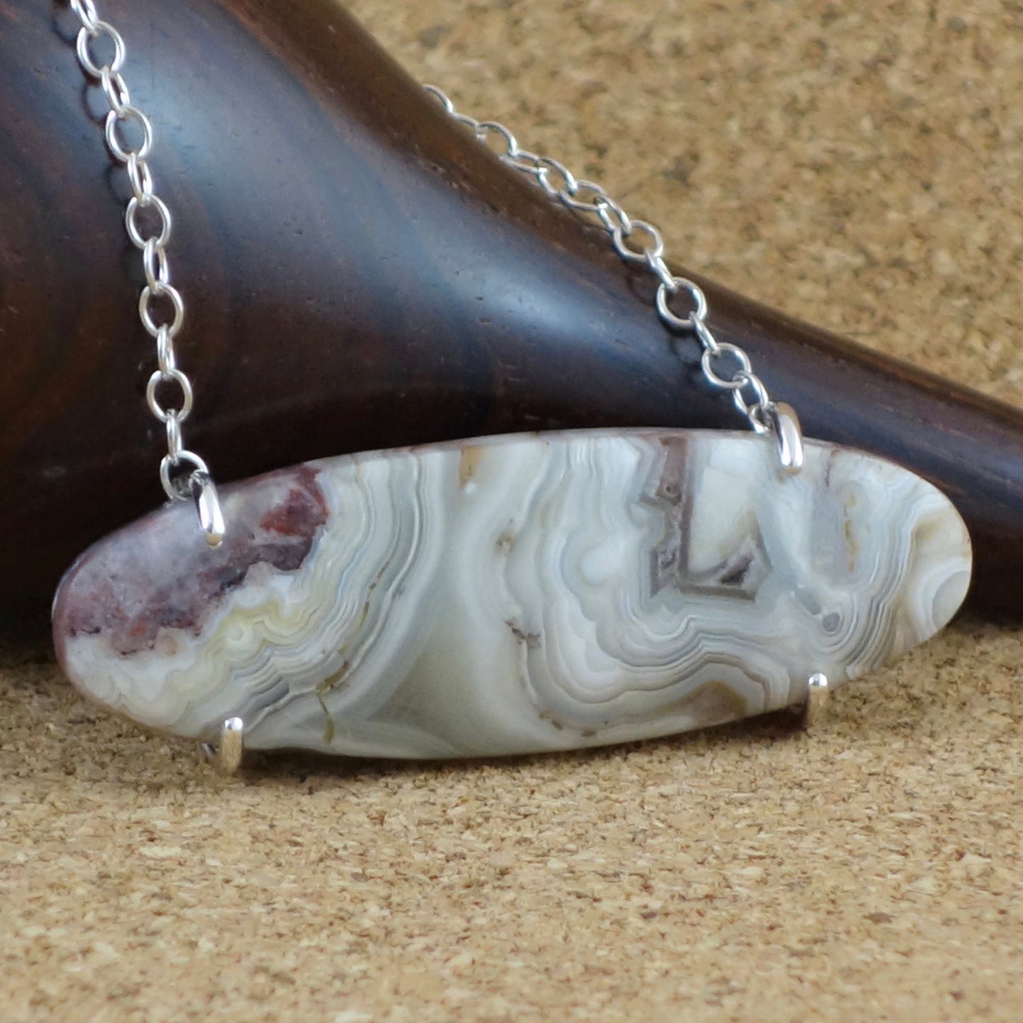 Agate Pendant, Natural Stone Pendant, Large Pendant, Agate Necklace, Oval Pendant, Prong set, Everyday Necklace