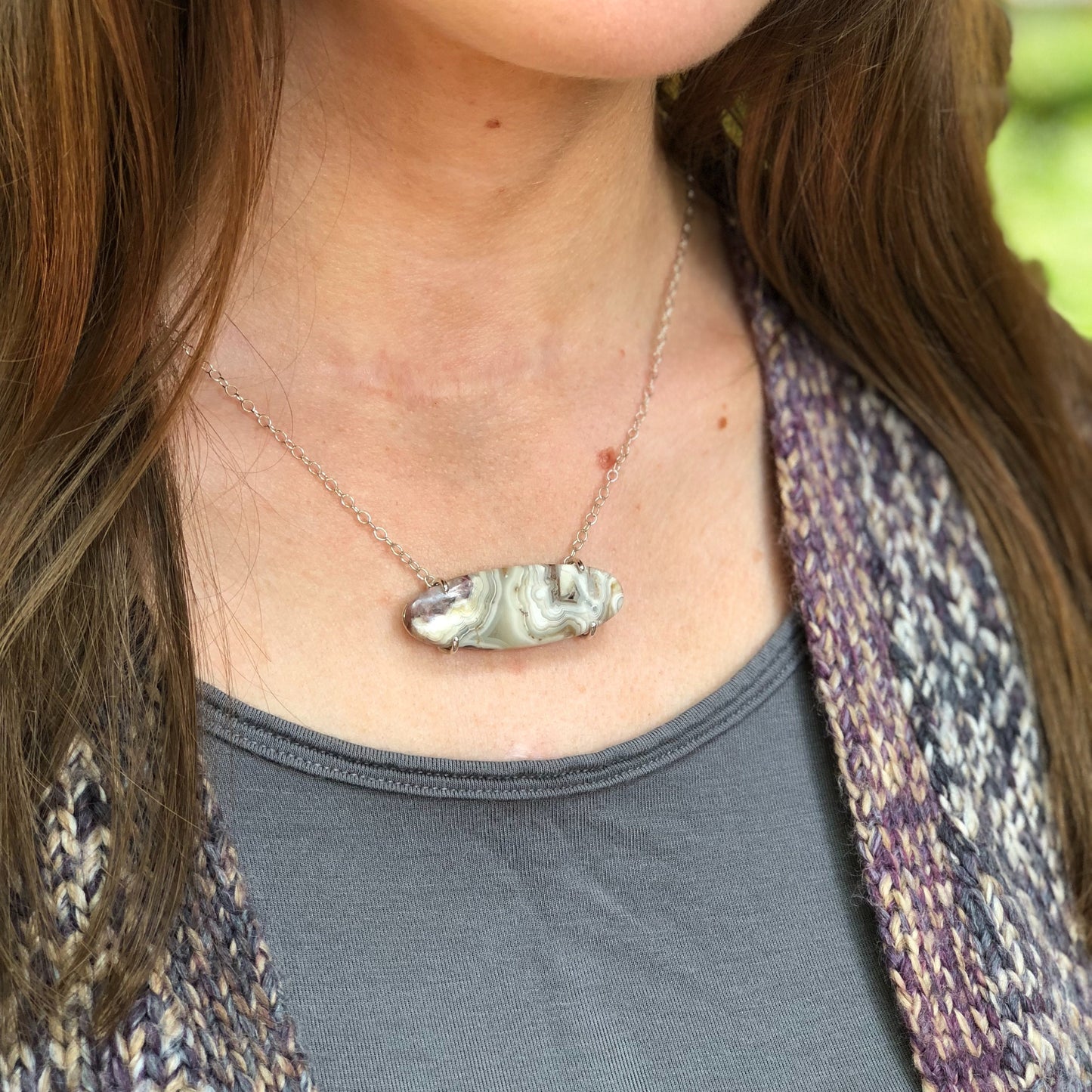 Agate Pendant, Natural Stone Pendant, Large Pendant, Agate Necklace, Oval Pendant, Prong set, Everyday Necklace