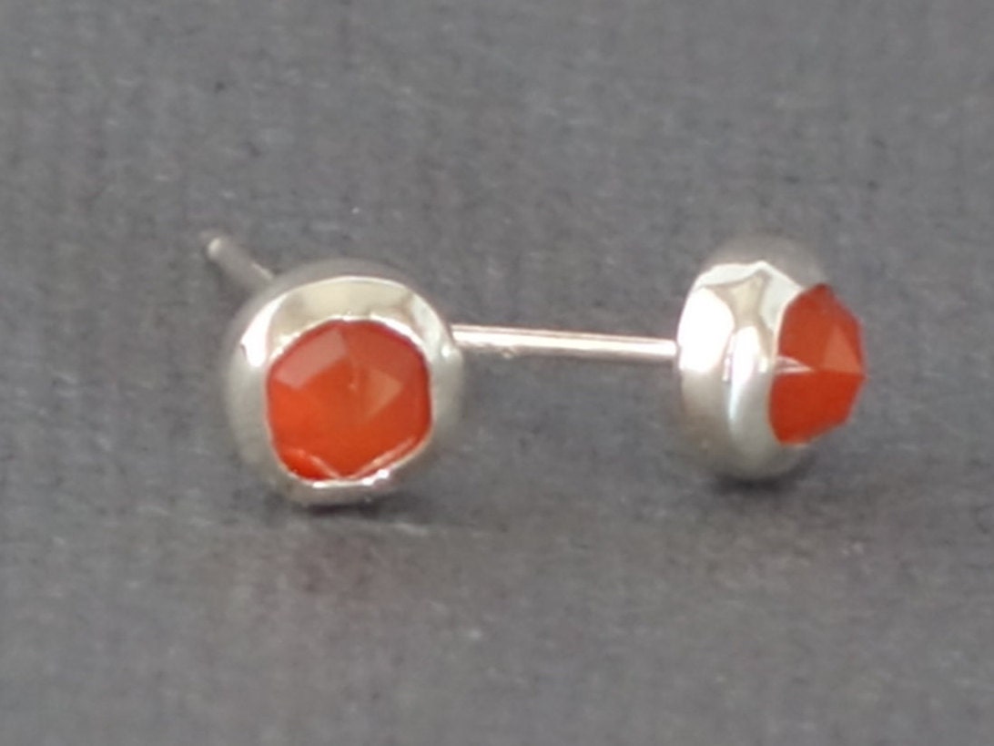 Carnelian Studs, Orange Stud, Carnelian post Earrings, Bezel Set Carnelian Earrings