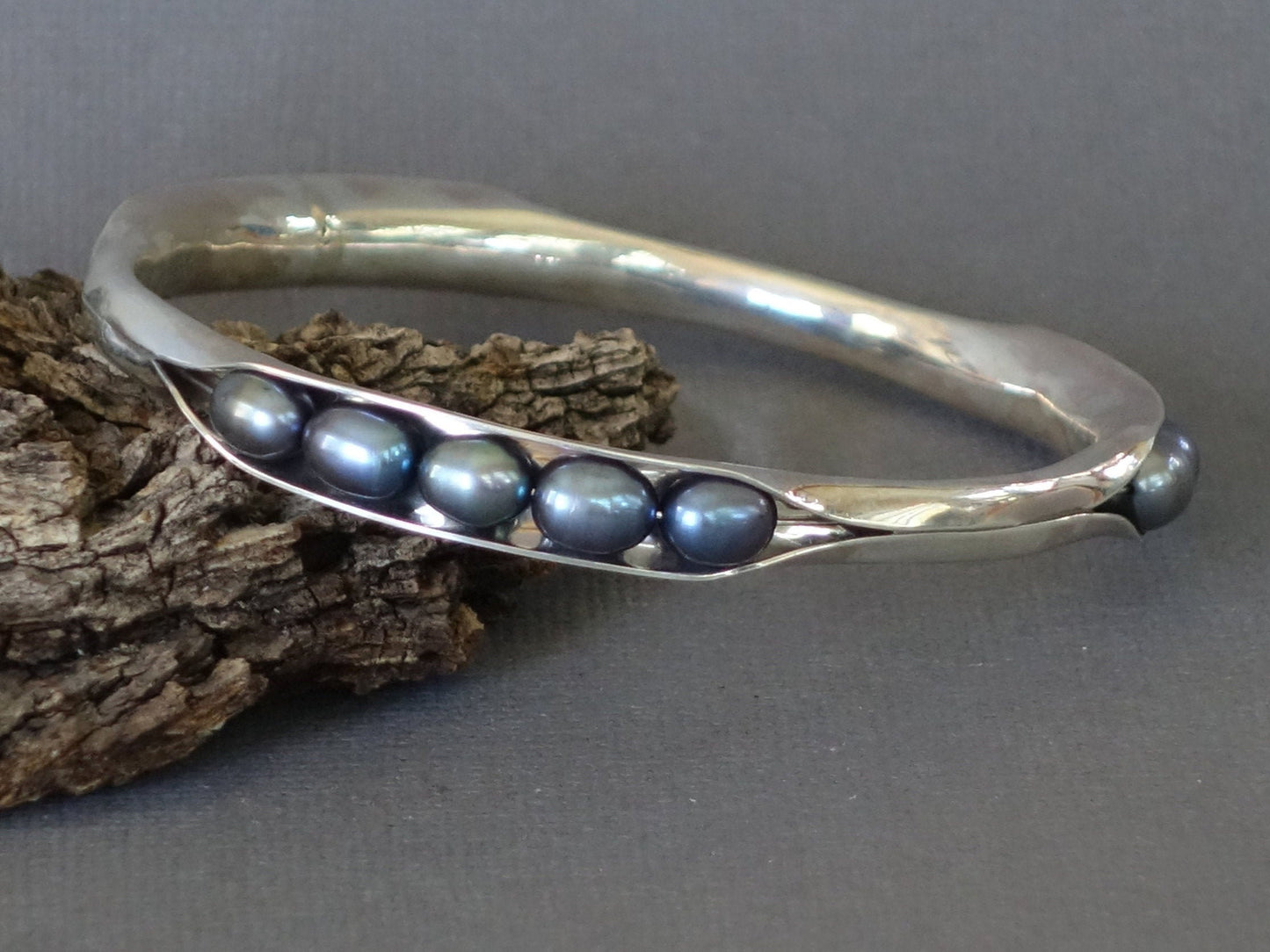 Pearl Bracelet, Anticlastic Pearl Bangle, Blue Pearl Bangle, Metalwork Bangle, Birthstone Bracelet
