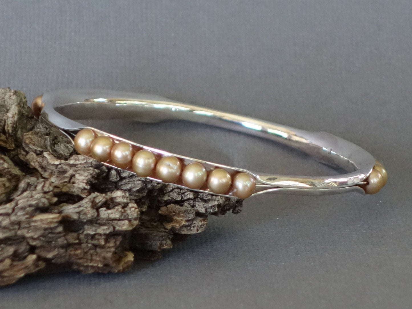 Pearl Bracelet, Anticlastic Bangle, Gold Tone Pearl Bracelet, Silver Bangle, Comfort Fit, 3 station