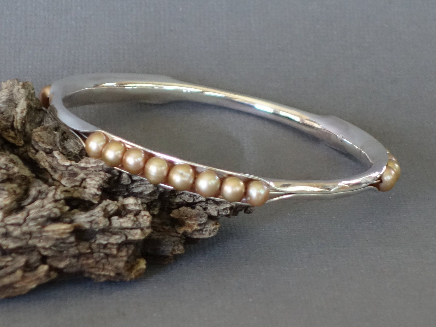 Pearl Bracelet, Anticlastic Bangle, Gold Tone Pearl Bracelet, Silver Bangle, Comfort Fit, 3 station