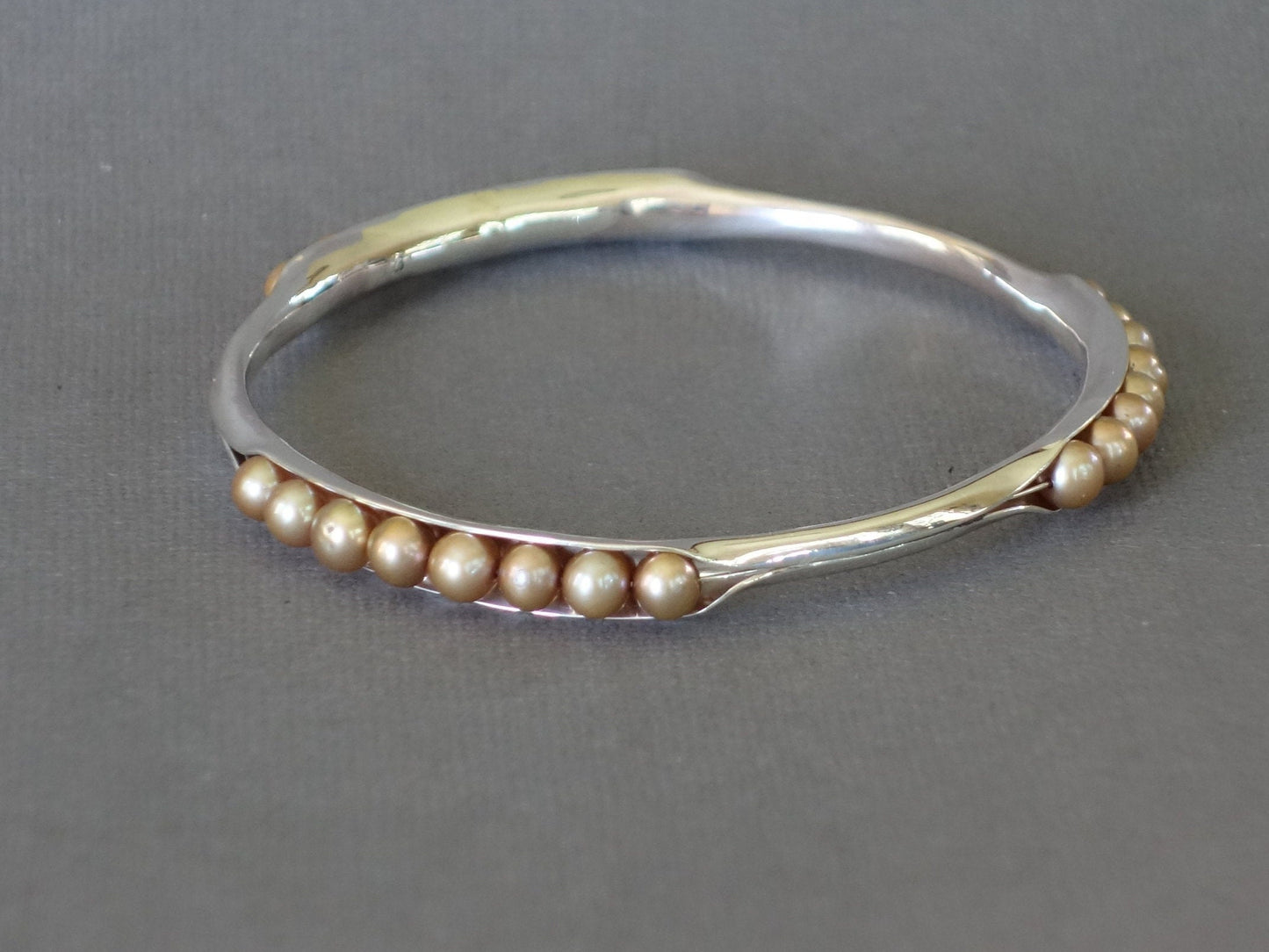 Pearl Bracelet, Anticlastic Bangle, Gold Tone Pearl Bracelet, Silver Bangle, Comfort Fit, 3 station