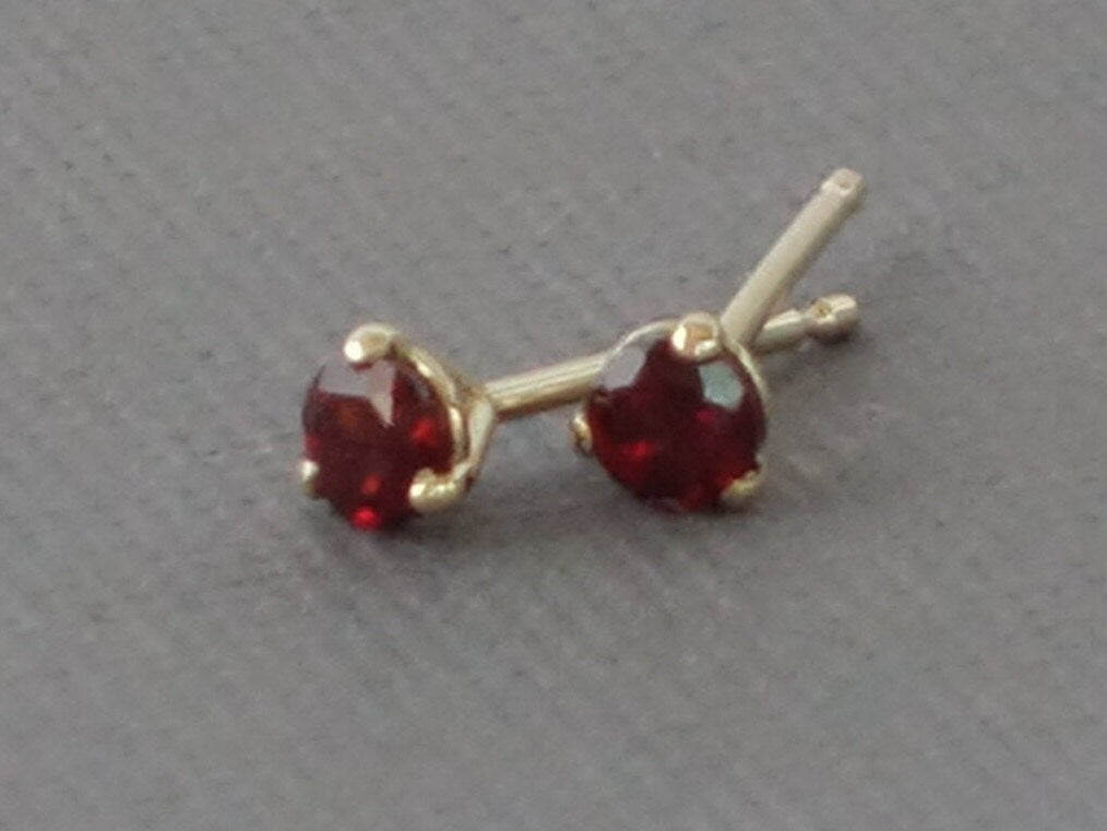 Gold Garnet Studs, Small Gold Garnet Studs, 3mm Round Garnet Studs, Garnet post earrings, Prong Set Garnet Studs, Solid Gold