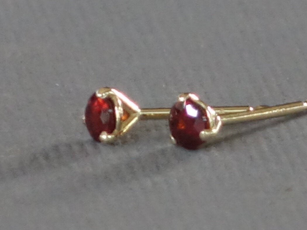 Gold Garnet Studs, Small Gold Garnet Studs, 3mm Round Garnet Studs, Garnet post earrings, Prong Set Garnet Studs, Solid Gold