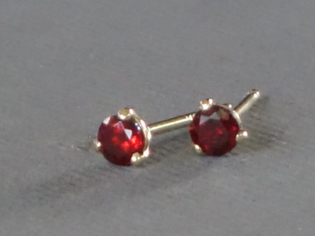 Gold Garnet Studs, Small Gold Garnet Studs, 3mm Round Garnet Studs, Garnet post earrings, Prong Set Garnet Studs, Solid Gold