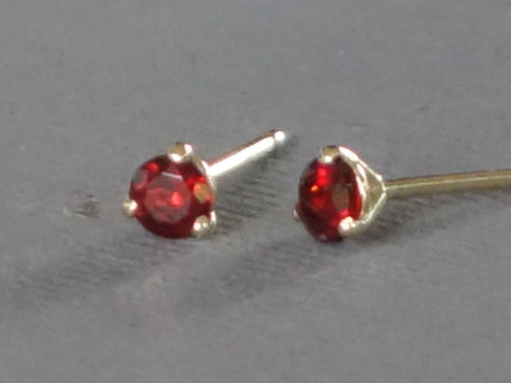 Gold Garnet Studs, Small Gold Garnet Studs, 3mm Round Garnet Studs, Garnet post earrings, Prong Set Garnet Studs, Solid Gold