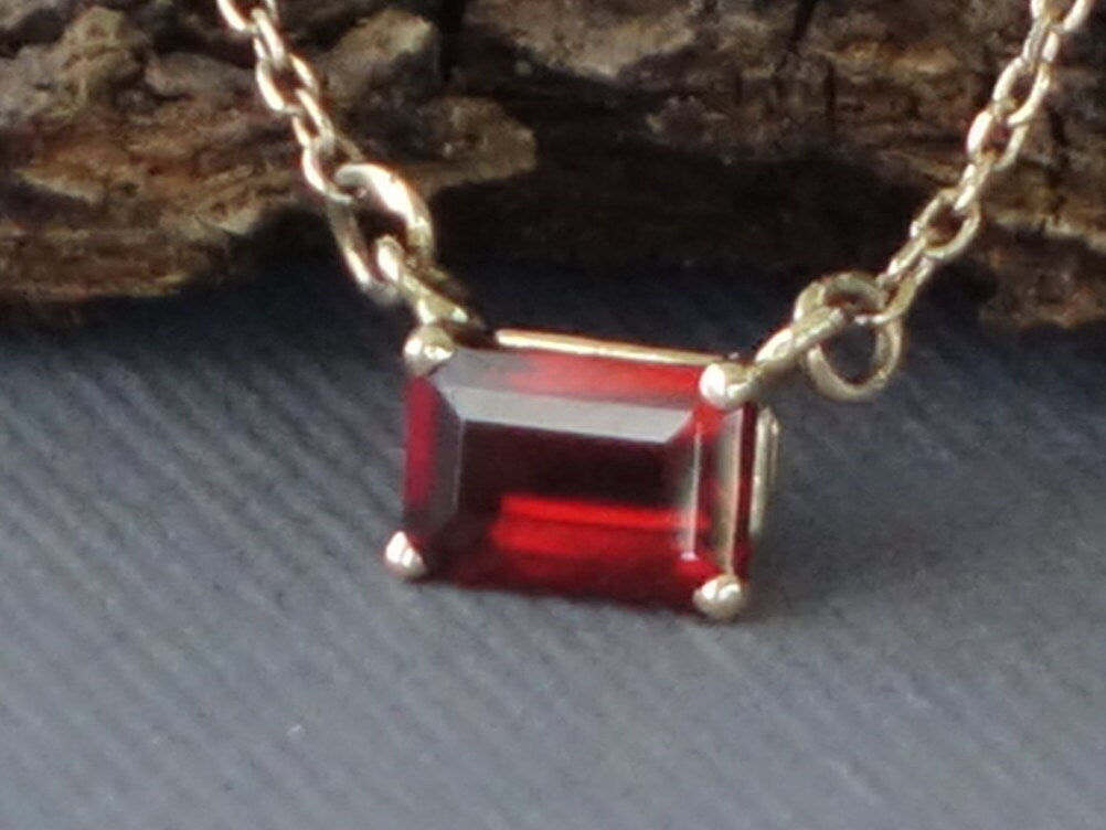 Gold Garnet Pendant, 14k Yellow Gold Garnet Pendant, Emerald Cut Garnet Pendant, East West Setting, Gold Prong Set Garnet Necklace