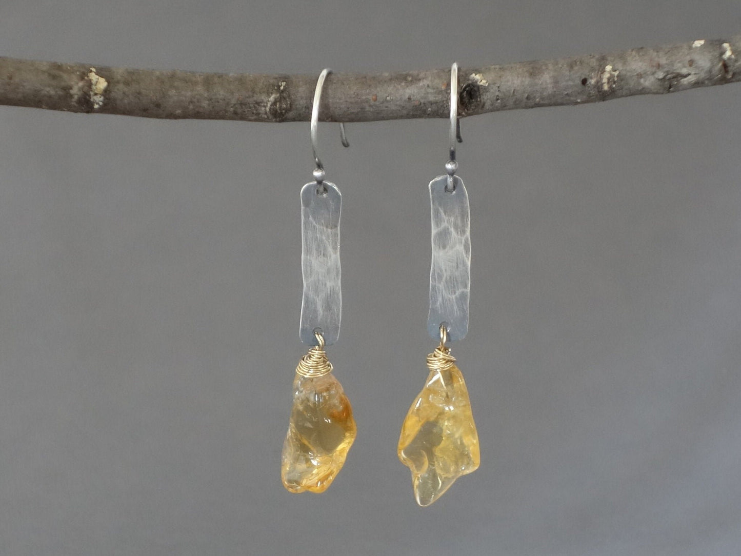 Raw Citrine Earrings, Citrine Earrings, Artisan Gemstone Earring, Birthstone earrings, Long Rustic Earrings