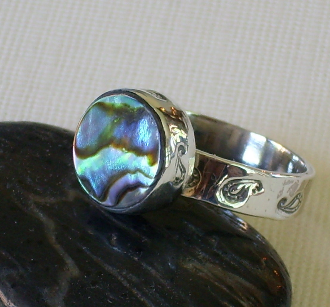 Abalone Ring Paisley Stamped Round Bezel Set Abalone Shell ring Shell Jewelry