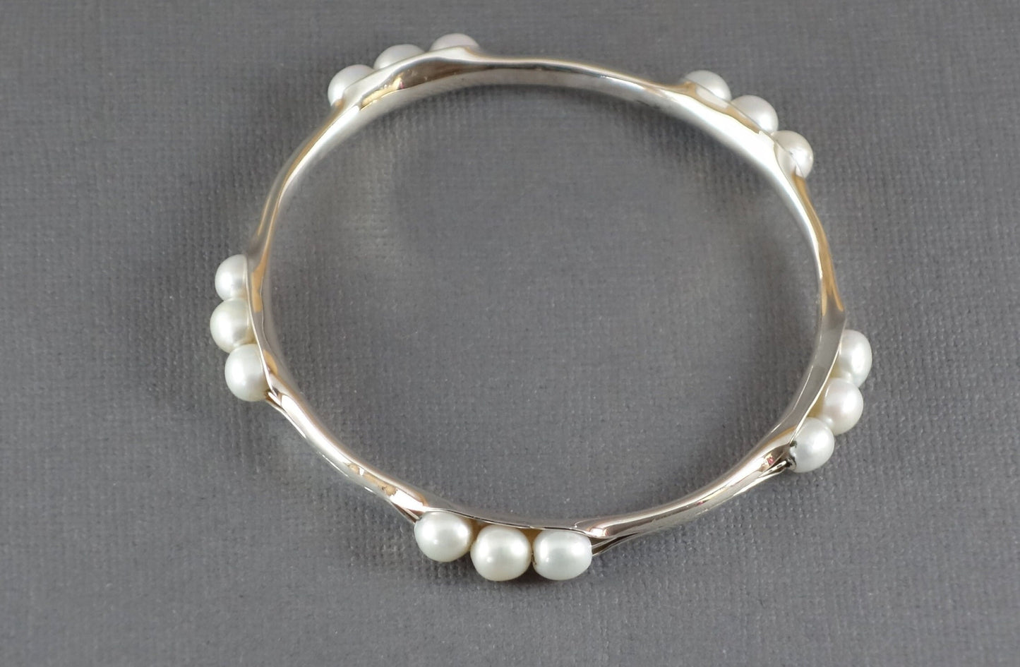 Anticlastic Bangle with White Pearls, Silver Bangle, 5 station