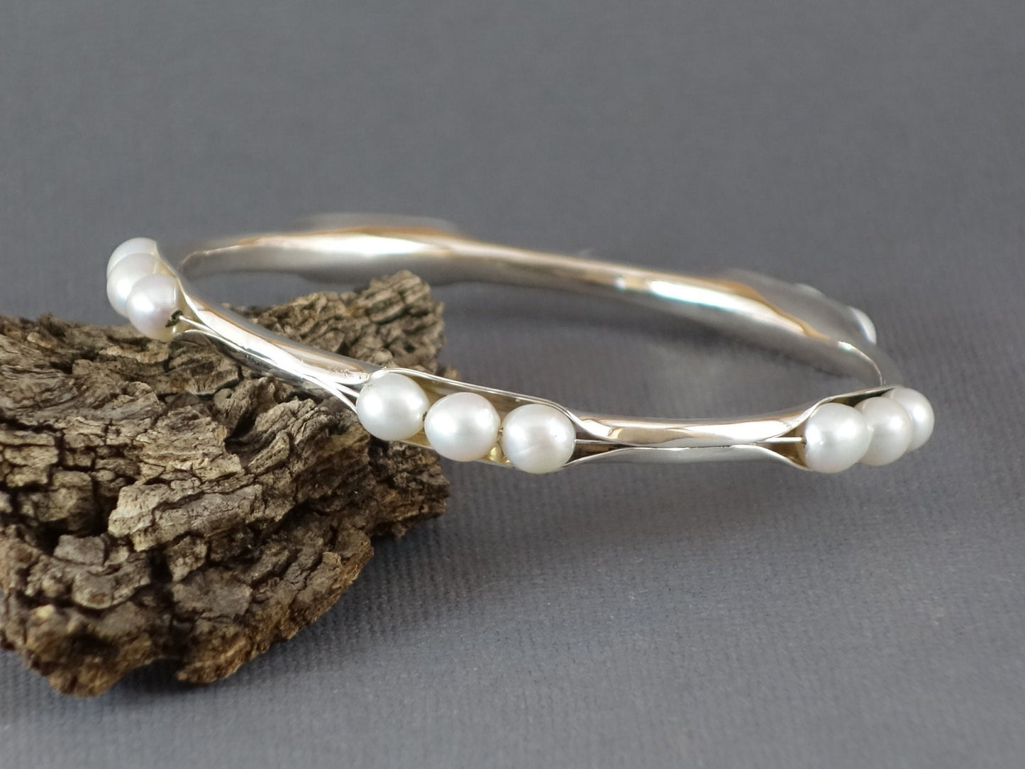 Anticlastic Bangle with White Pearls, Silver Bangle, 5 station