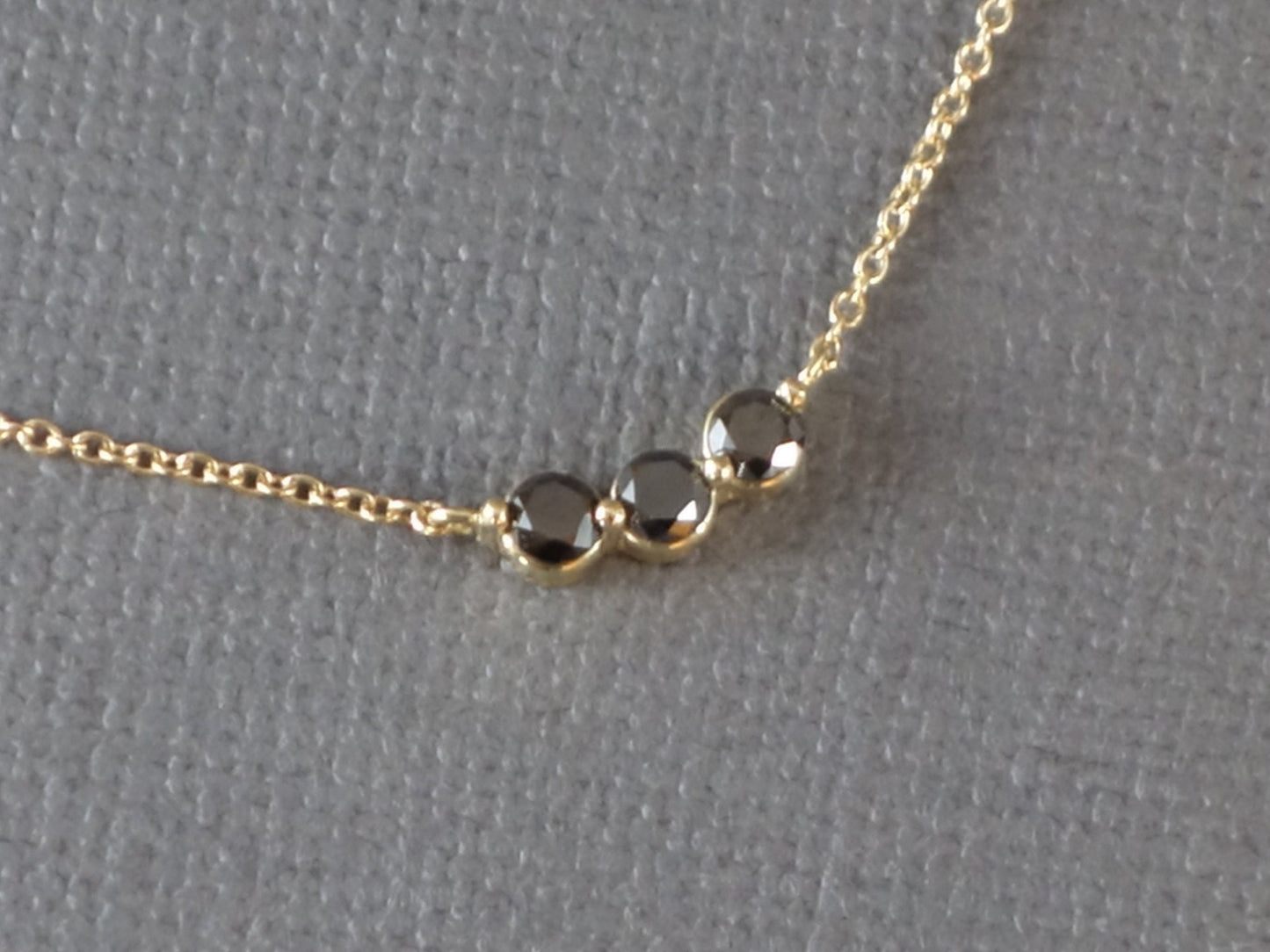 14k Gold Necklace with Black Diamonds, 3 Stone Diamond Pendant, Diamond Curved Bar, Past Present Future Necklace, Diamond Pendant.