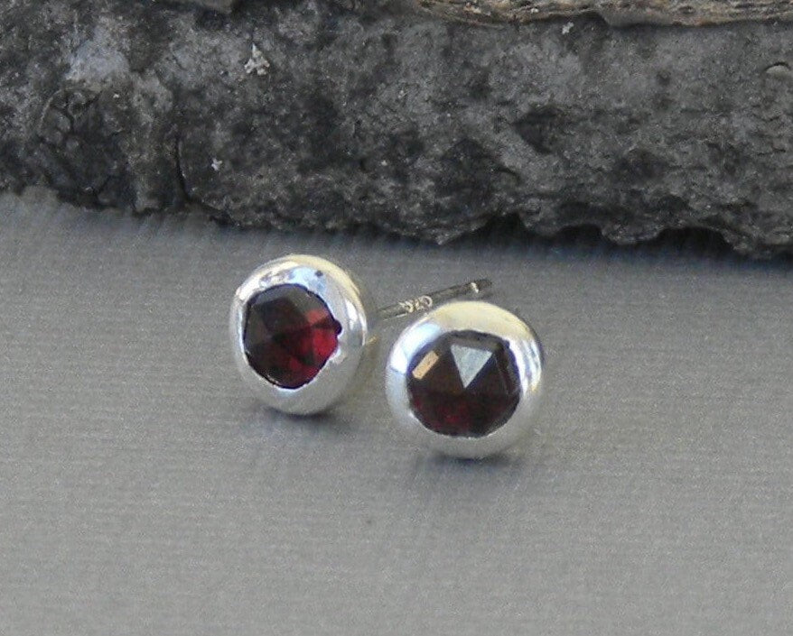 Garnet Studs, Garnet post Earrings, January Birthstone Earrings, Bezel Set Garnet Earrings