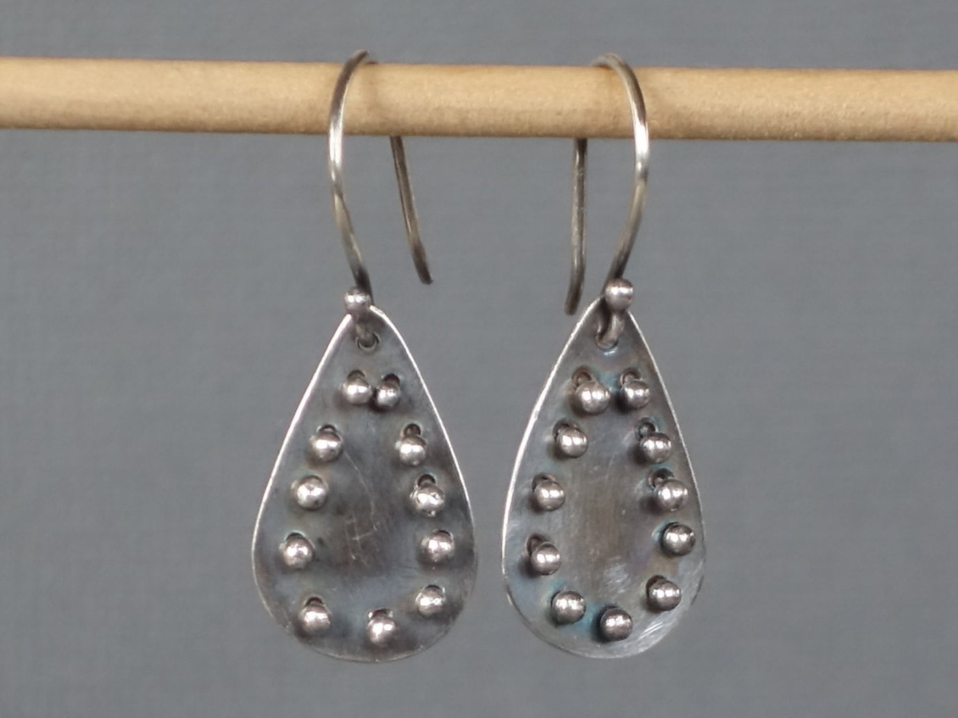 Silver Teardrop Earrings, Studded Earring, Textured Dangle Earring, Pinned Earrings, Black and Silver earrings,