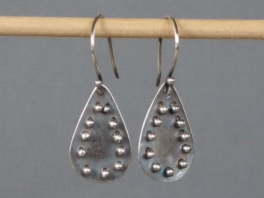 Silver Teardrop Earrings, Studded Earring, Textured Dangle Earring, Pinned Earrings, Black and Silver earrings,
