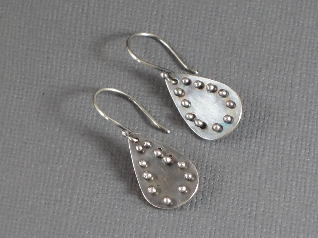 Silver Teardrop Earrings, Studded Earring, Textured Dangle Earring, Pinned Earrings, Black and Silver earrings,