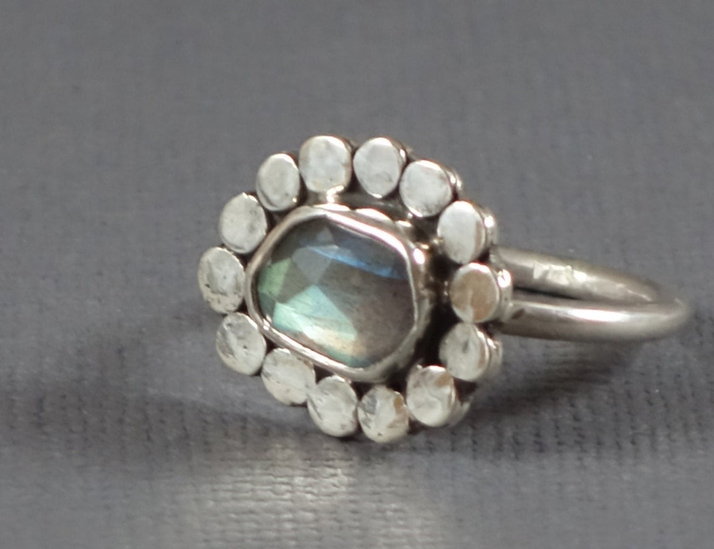 Labradorite Ring, Flower Ring, Silver Flower Ring, Dot Ring