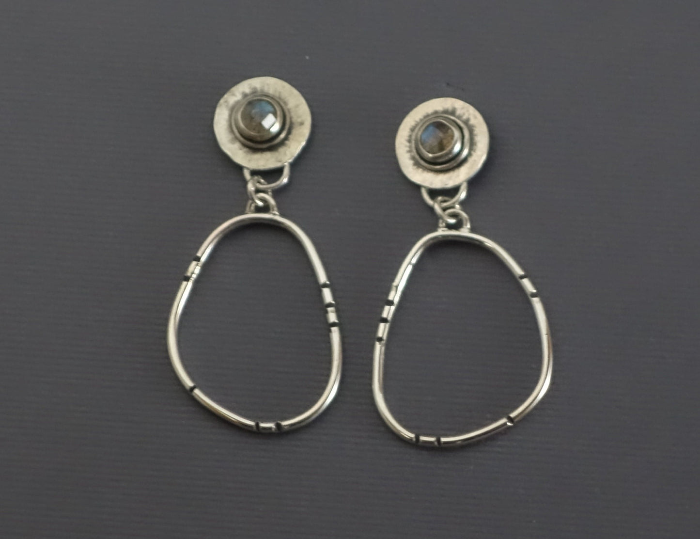 Labradorite Post Earrings, Labradorite Earrings, Post Earring with Oval Hoop Dangle, Labradorite Earrings