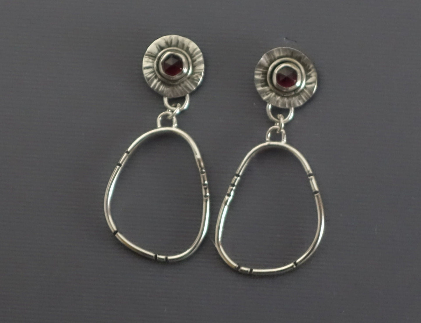 Garnet Post Earrings, Garnet Earrings, Post Earring with Oval Hoop Dangle, Garnet Earrings