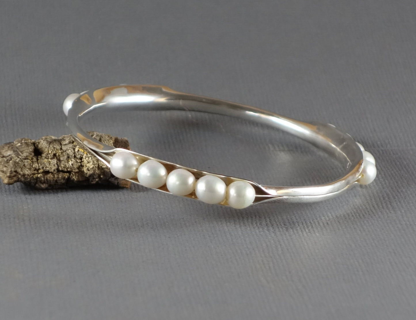 Anticlastic Bangle with White Pearls, Silver Bangle, 3 station