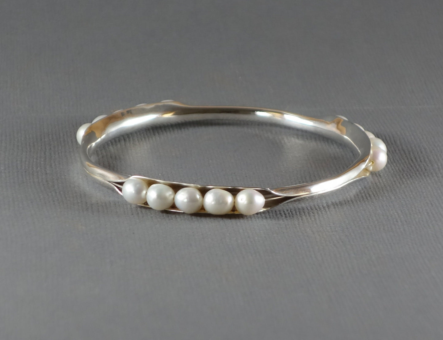 Anticlastic Bangle with White Pearls, Silver Bangle, 3 station