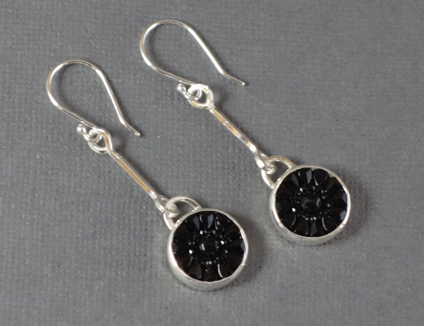 Long Black Earrings, Antique Glass Button Earrings, Long Dramatic Silver Earrings