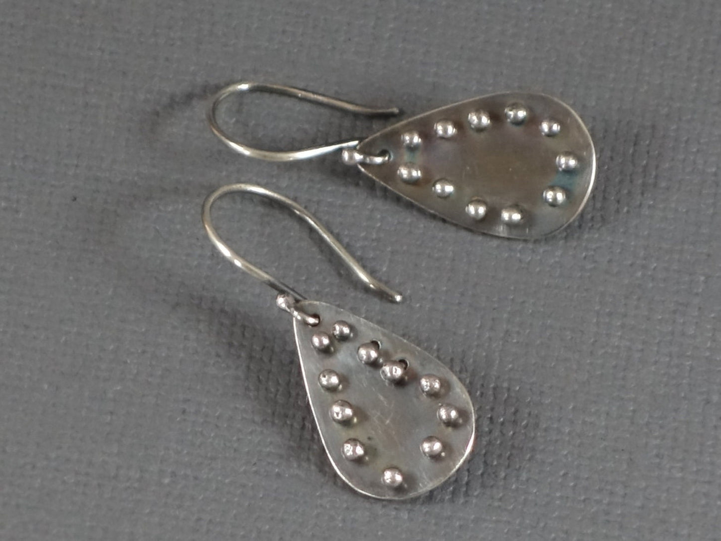 Silver Teardrop Earrings, Studded Earring, Textured Dangle Earring, Pinned Earrings, Black and Silver earrings,