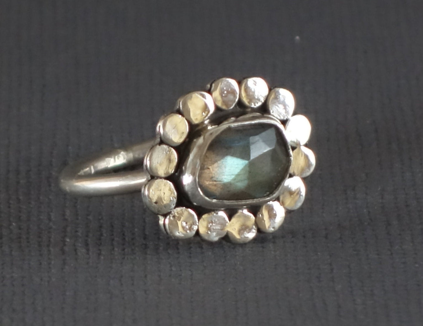 Labradorite Ring, Flower Ring, Silver Flower Ring, Dot Ring