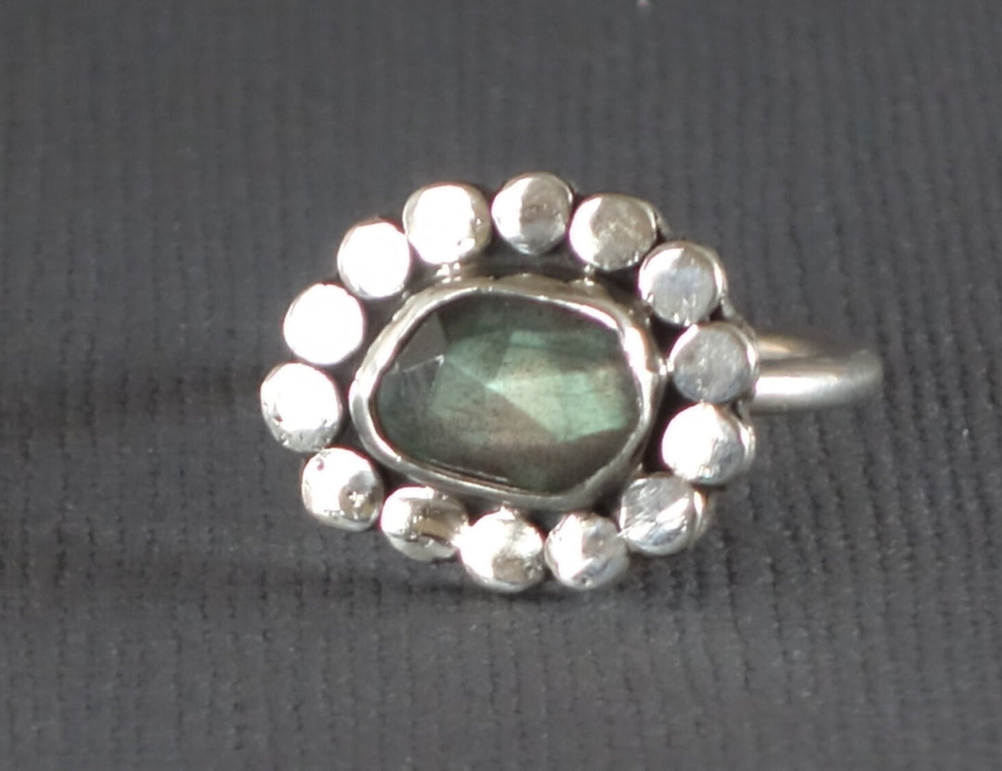 Labradorite Ring, Flower Ring, Silver Flower Ring, Dot Ring