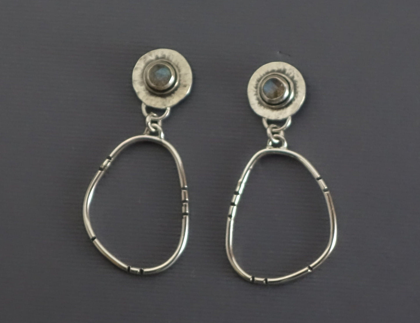 Labradorite Post Earrings, Labradorite Earrings, Post Earring with Oval Hoop Dangle, Labradorite Earrings
