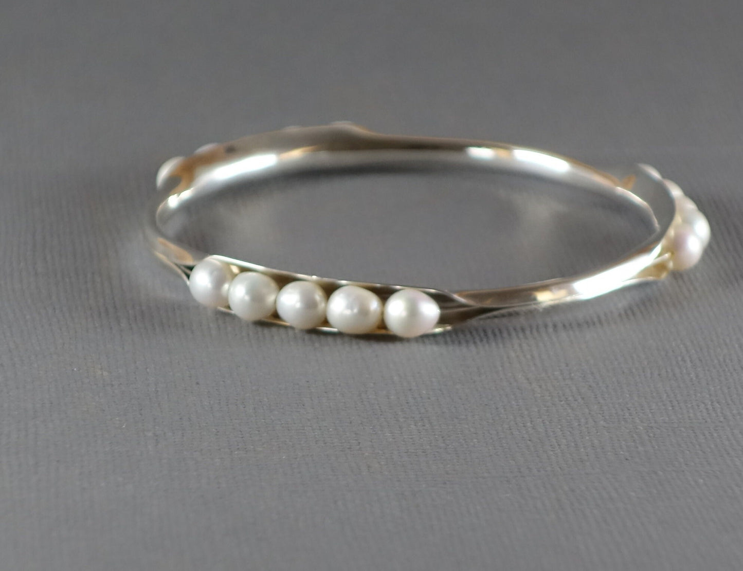 Anticlastic Bangle with White Pearls, Silver Bangle, 3 station