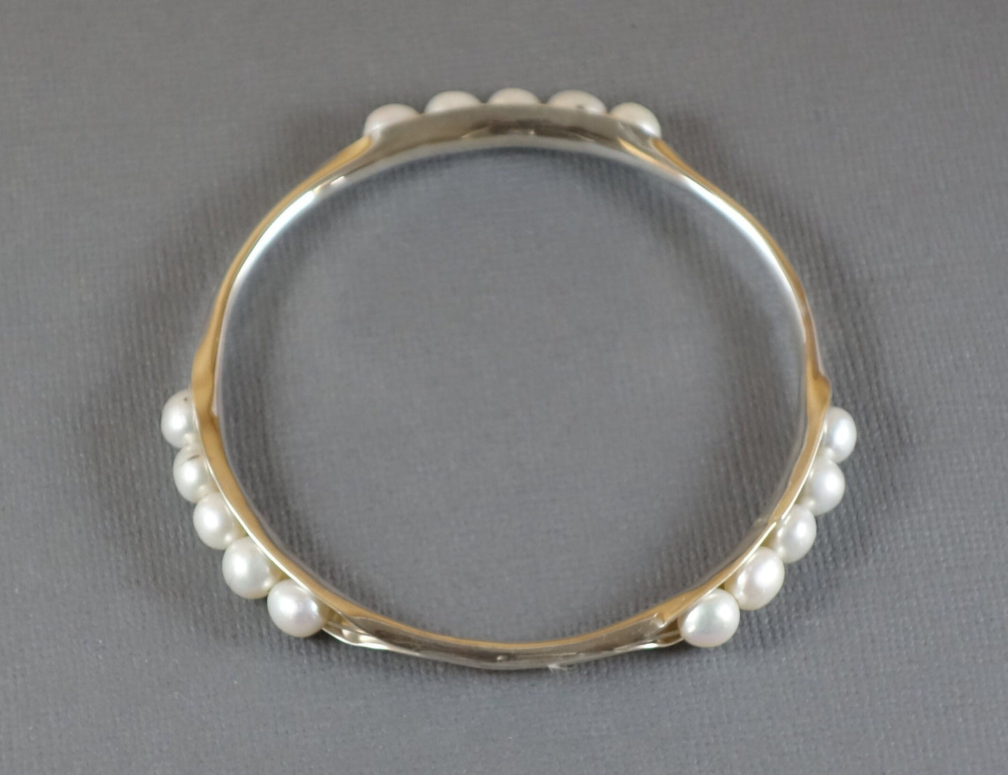 Anticlastic Bangle with White Pearls, Silver Bangle, 3 station