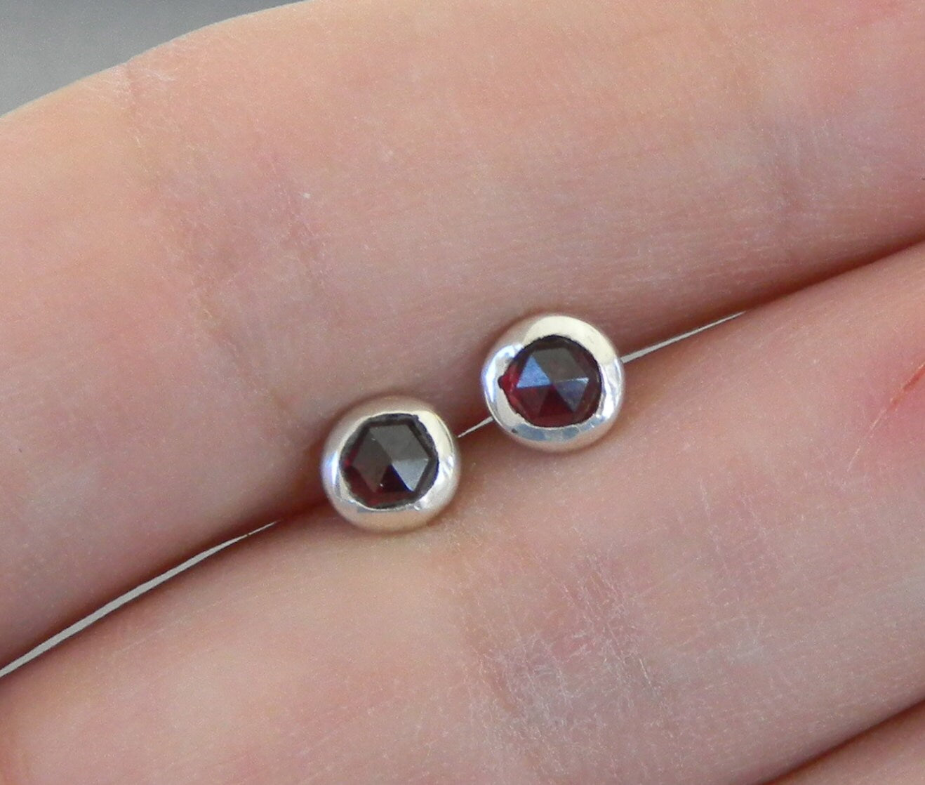 Garnet Studs, Garnet post Earrings, January Birthstone Earrings, Bezel Set Garnet Earrings