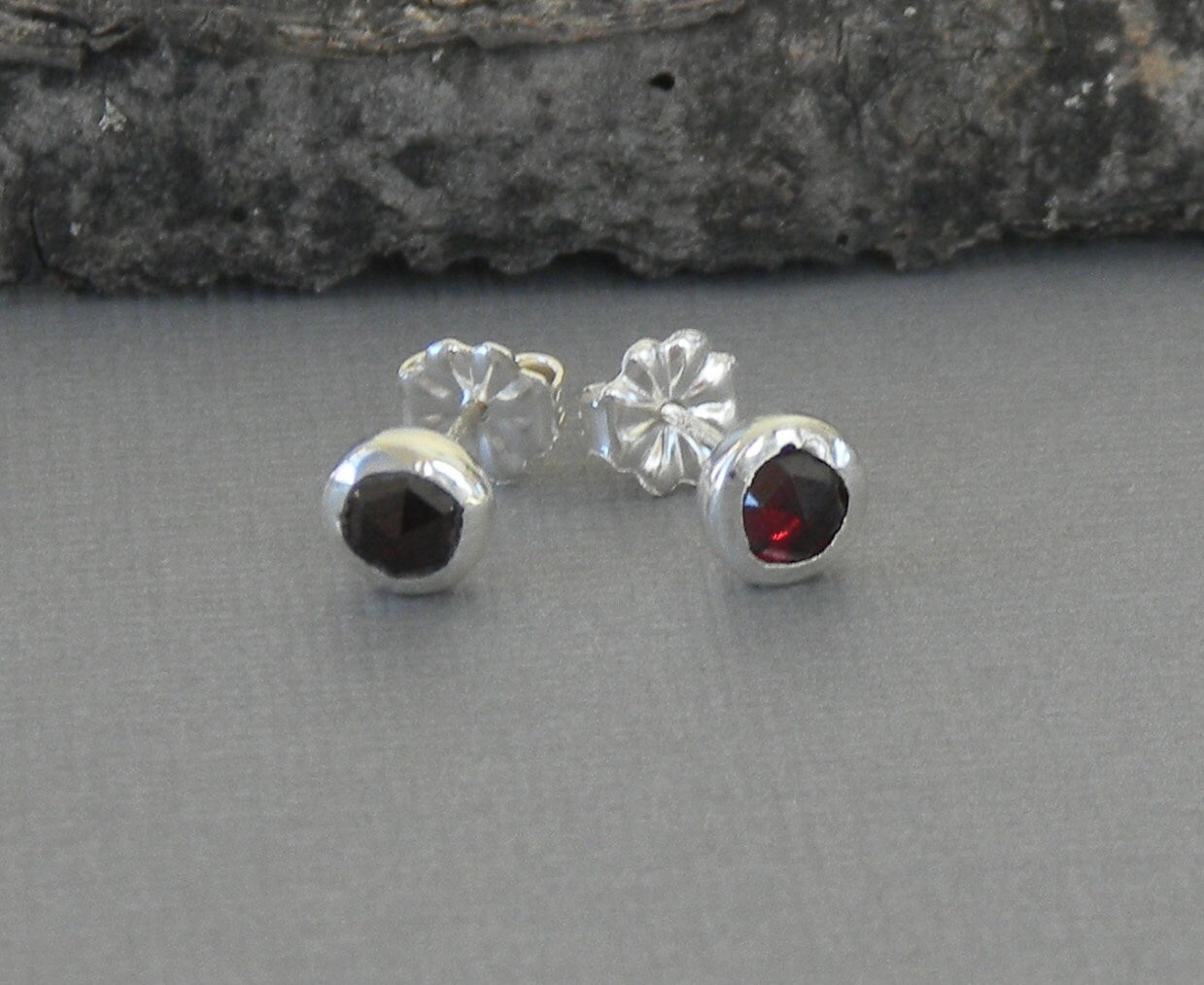 Garnet Studs, Garnet post Earrings, January Birthstone Earrings, Bezel Set Garnet Earrings