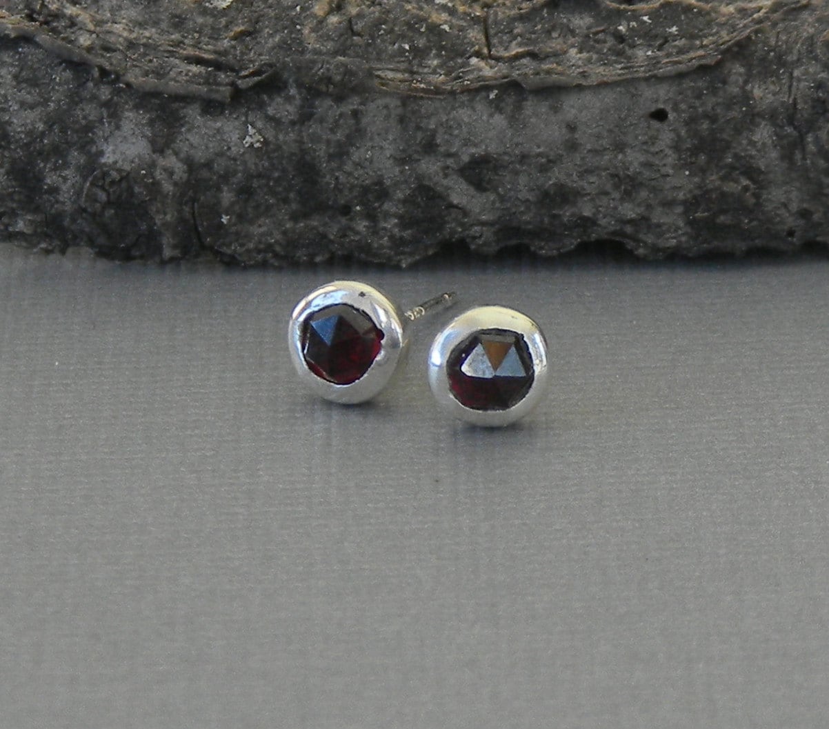 Garnet Studs, Garnet post Earrings, January Birthstone Earrings, Bezel Set Garnet Earrings