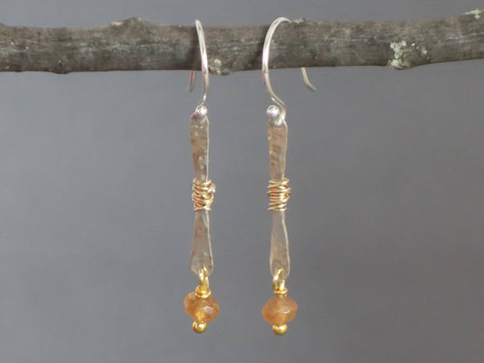 Silver and Gold Earrings, Garnet dangle earrings, Two Toned Garnet Earrings, Hessonite Garnet Earrings, Stick Earrings