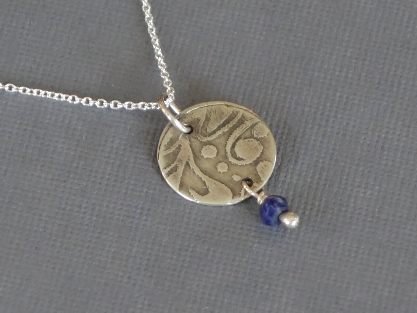 Lapis Pendant, Lapis Necklace, Etched Pendant, Metalwork Pendant, Blue Pendant, Blue Necklace
