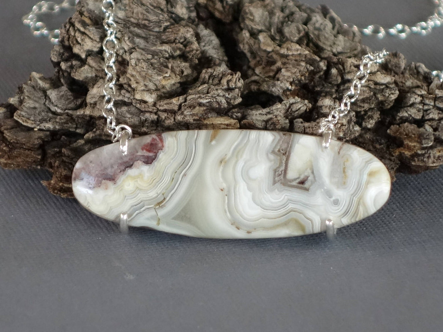 Agate Pendant, Natural Stone Pendant, Large Pendant, Agate Necklace, Oval Pendant, Prong set, Everyday Necklace