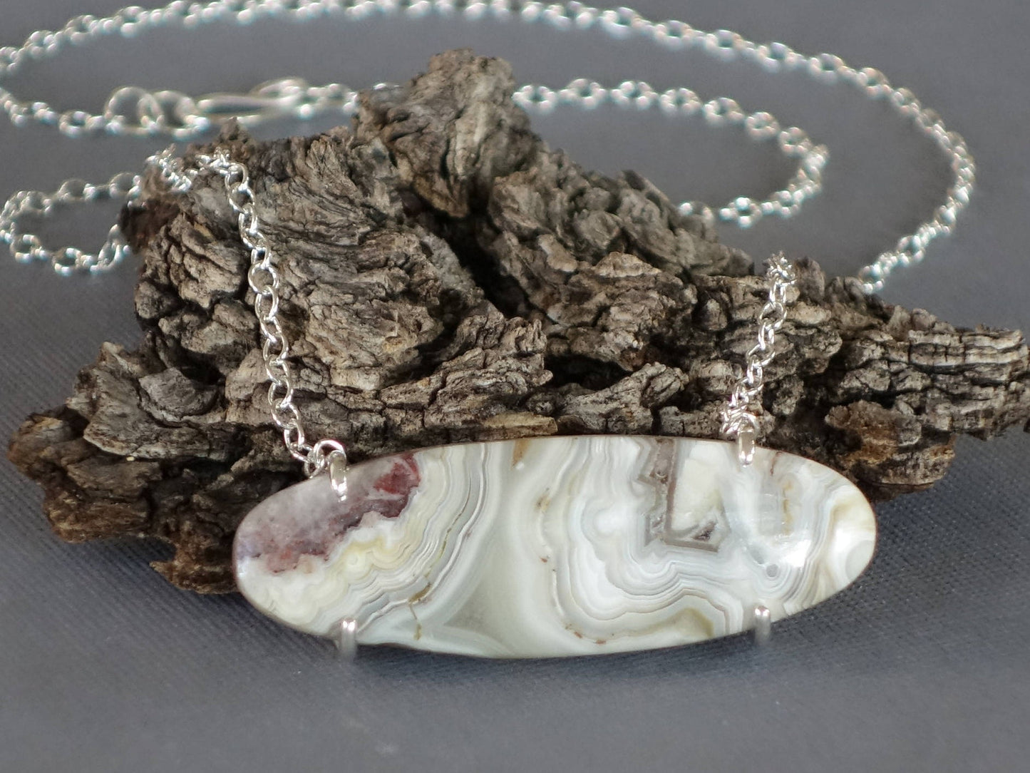 Agate Pendant, Natural Stone Pendant, Large Pendant, Agate Necklace, Oval Pendant, Prong set, Everyday Necklace