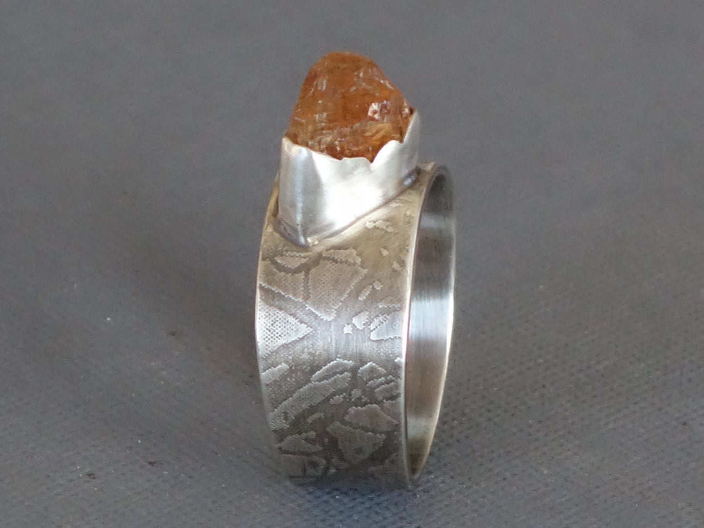 Raw Gemstone ring, Raw Imperial Topaz ring, Un Cut Gemstone, Textured band, Tapered Band,
