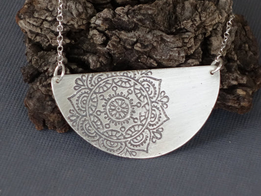 Mandala Necklace, Half Moon Necklace, Silver Mandala, Moon Necklace, Minimalist Necklace, Geometric