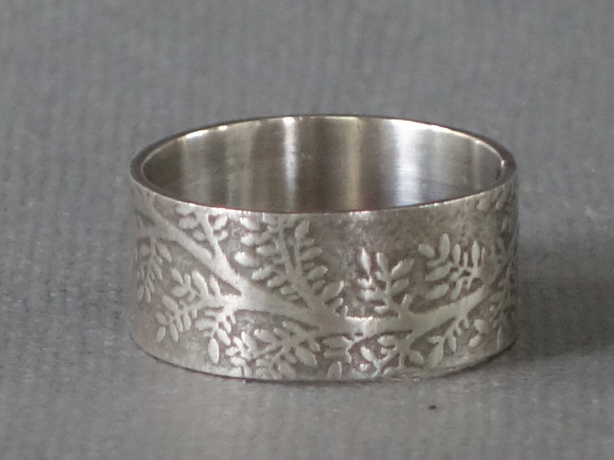 Wide Silver Band, Silver Leaf Band, Nature Ring, Silver Band Ring, Unisex Band, Textured Band, Wedding Band